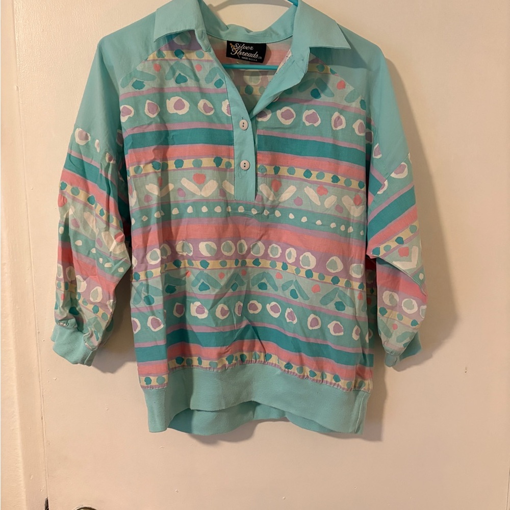 Vintage Medium Teal and Pink Patterned Button Down Shirt